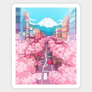 The Japanese Mount Fuji view and the pink spring in the city (soft colors) Sticker